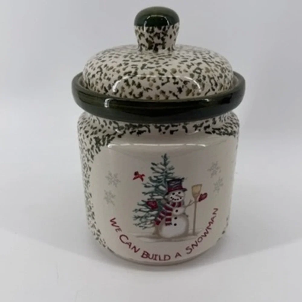 Stoneware Snowman Christmas Cookie Jar Green Spongeware Holiday Canister 7.5in
